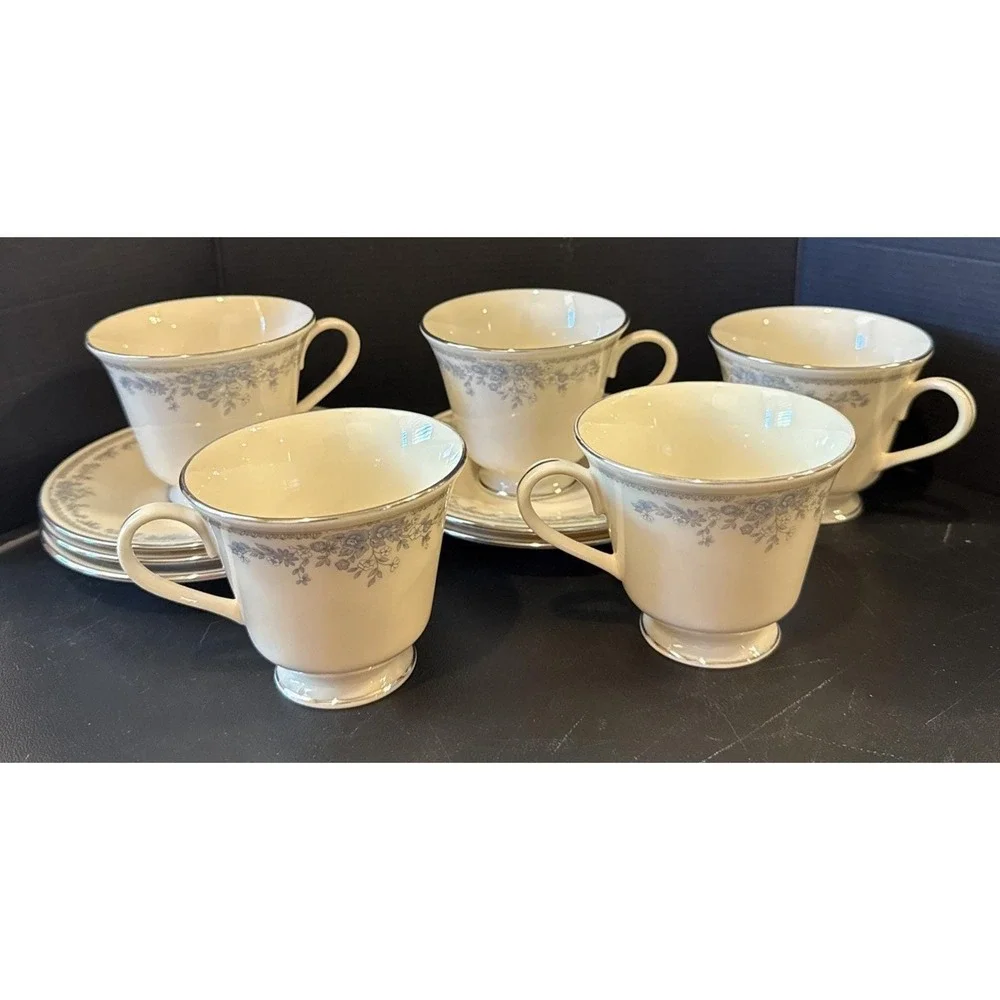 Lenox Reverie Platinum Tea Cups Teacup Saucers‎ Set Of 5 USA Vintage Floral